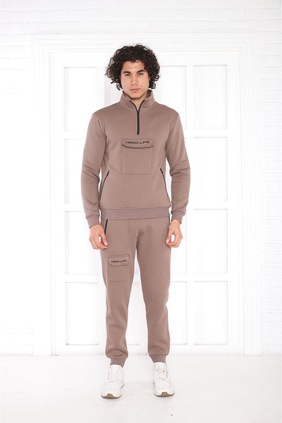 NEED LİFE Men's Soil Half Zippered Cargo Pocket Regular- Comfortable Fit Bottom Top Tracksuit Set