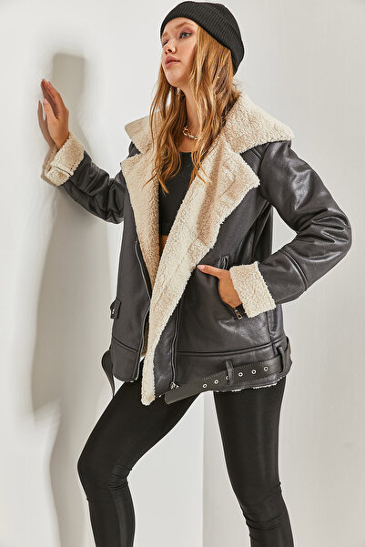 Bianco Lucci Dámský kožený kabát s dvojitým límcem a chlupatou kapsou