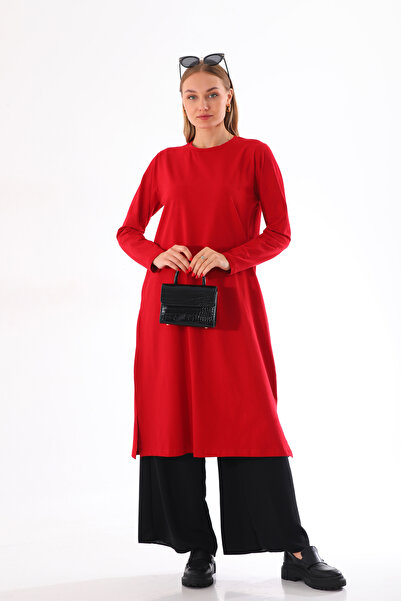 Elif Okur Tesettür Penye Uzun Tunik 110cm Kırmızı 1503