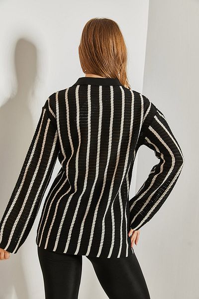 Bianco Lucci Women's Shirt Collar Long Sleeve Striped Cardigan