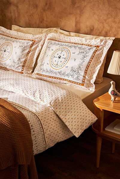 Karaca Home Paye Selçuklu Series Bird Mustard 100% Cotton Double Duvet Cover Knitted Blanket Set