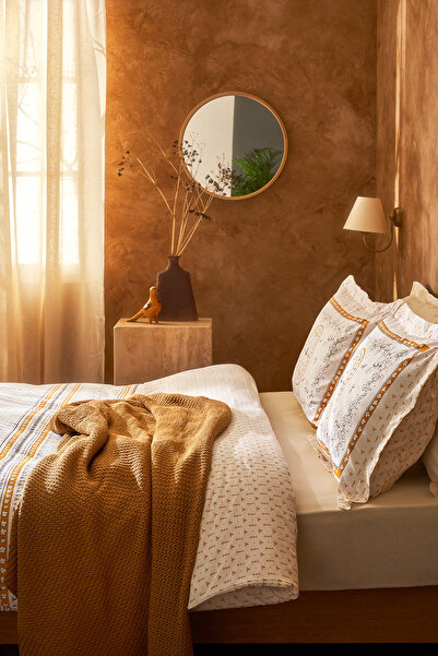 Karaca Home Paye Selçuklu Series Bird Mustard 100% Cotton Double Duvet Cover Knitted Blanket Set