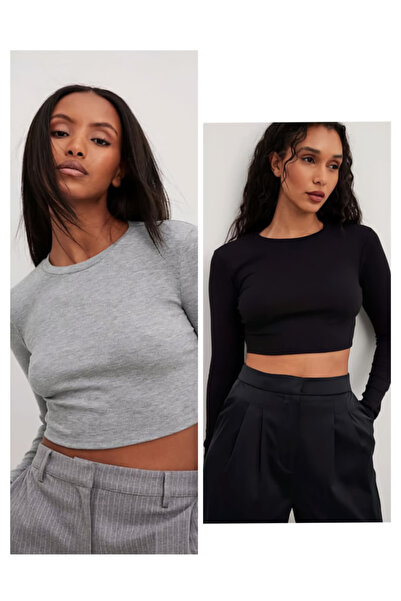 ÖZ PAMUK بلوزة قصيرة نسائية مكونة من قطعتين 100% قطن بياقة دائرية محبوكة وأكم...