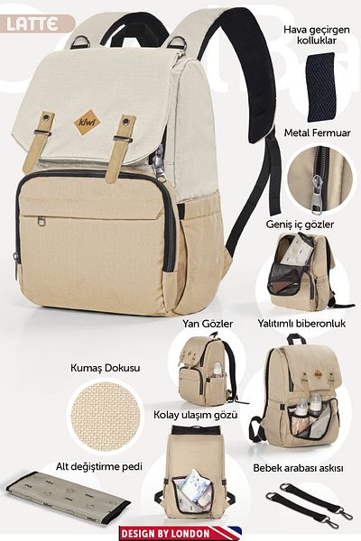 Kiwi حقيبة ظهر Coolbag للأم والطفل سهلة النقل والعناية الحرارية مع وسادة مفتوحة من الأسفل - لاتيه العظام