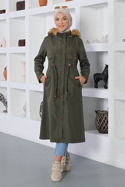 Modamihram MİH15800 Modell Khaki Mantel - Spitze Detaillierte