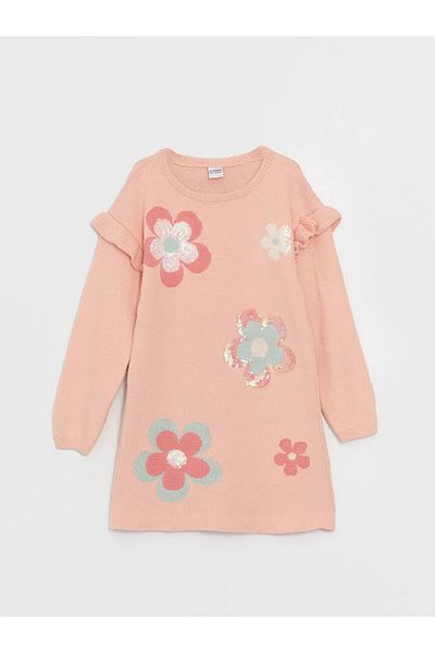 LC Waikiki LCW Kids Crew Neck Patterned Long Sleeve Girl's Knitwear Dress