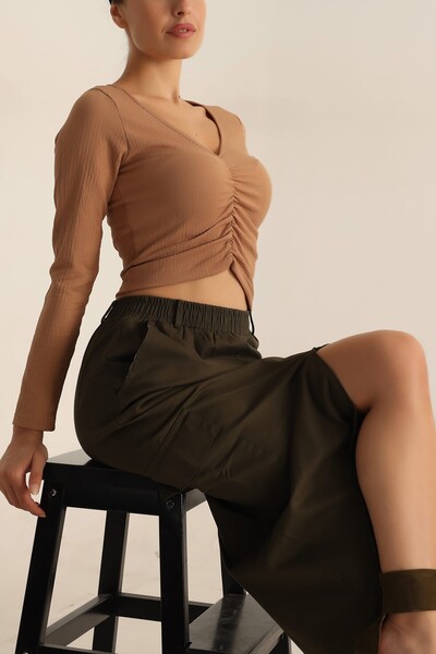 NeednStore Bluză crop din tricot pentru femei, din țesătură cu șnur în față, ...