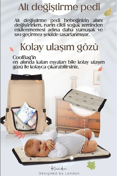 Kiwi حقيبة ظهر Coolbag للأم والطفل سهلة النقل والعناية الحرارية مع وسادة مفتوحة من الأسفل - لاتيه العظام