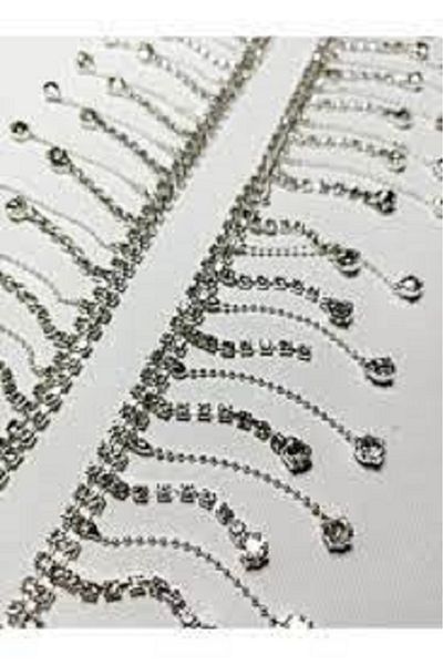 ESRA ŞELEM Silver Color Chain Crystal Stone Fringe Ribbon - 1 Mt