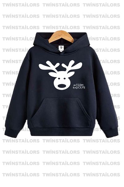 twins tailors Hanorac cu glugă unisex cu imprimeu Deer, albastru bleumarin pentru copii