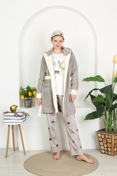 Tamay Boxer Winter 3-Piece Set with Dressing Gown (Hooded Well Soft Dressing Gown Fleece Bottom Pajamas Combed Cotton Embroidered Blouse)