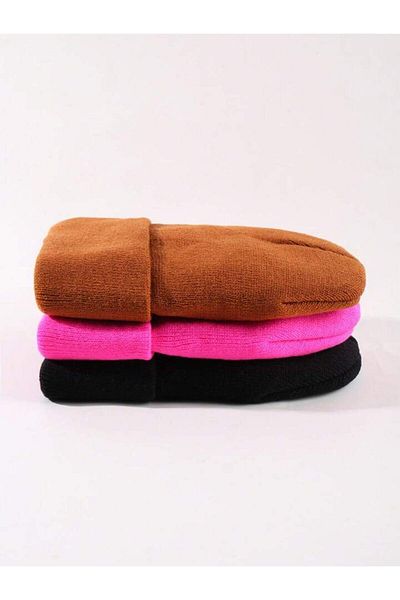 QUATEX Black Pink Brown Triple Set Unisex Folded Knitwear Plain Beret
