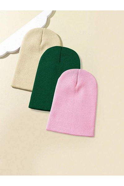 QUATEX Cream Pink Green Triple Set Unisex Folded Knitwear Plain Beret
