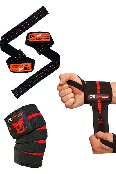 Dex Supports Lasting Energy Lifting Straps, Elite Wrist Wraps, Knee Wraps 3-Piece PROSET