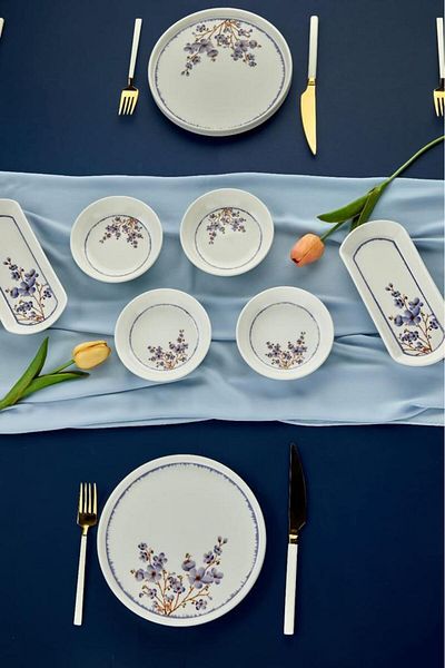 Akkoyunlu home Violet Purple Leaf Patterned Luxury Ceramic 14 Piece Breakfast Set for 6 Persons, Breakfast set