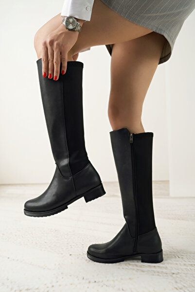 yalçınshoes Kadın Bella Siyah Dalgıç Kumaş Dizaltı Çizme