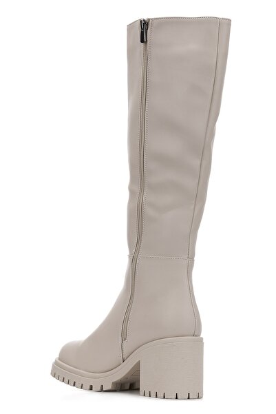 Nstil Napi női térdig érő bézs csizma vastag magas traktorsarkú csúszásgátló talp cipzáras kényelmes 2431