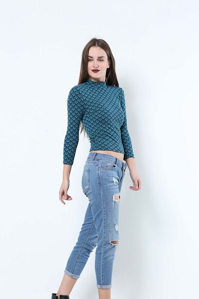 AVORWE Bluză crop cu mânecă lungă cu imprimeu geometric Half Fisherman