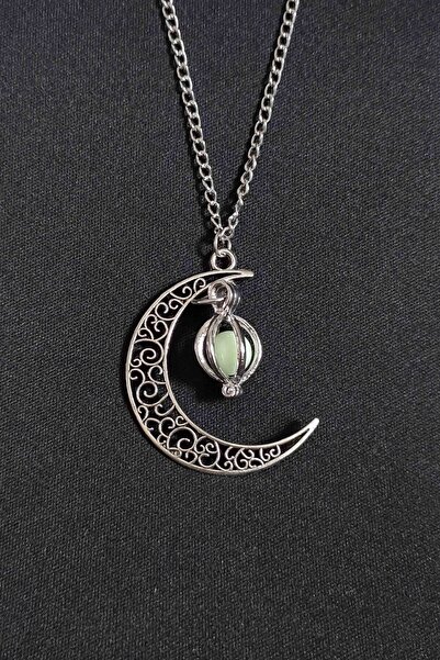 TREND COLLECTİON Gümüş Kaplama Karanlıkta Parlayan Desenli Ay Yıldız Kolye,