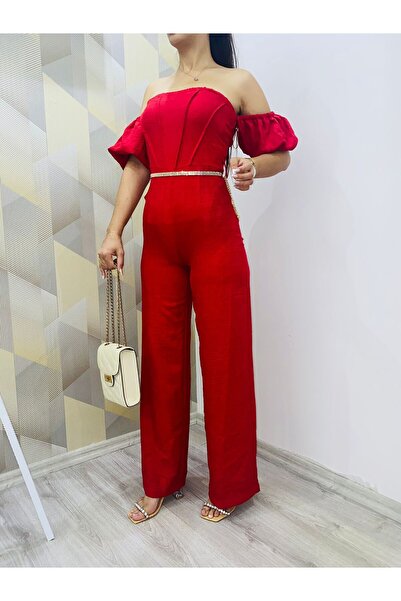 Genel Markalar Balon Kollu Keten Kırmızı Tulum