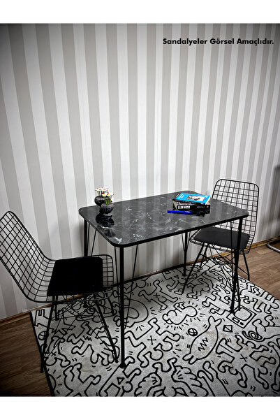 Genel Markalar Siyah Metal Ayaklı 60x90 Siyah Mermer Desen Mutfak Masası -Bal...