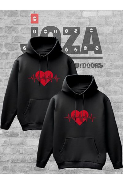 Joza Outdoors Women Men Unisex Heart Rhythm Printed Lover Couple Combination Design Hooded Sweatshirt 2 Piece Set