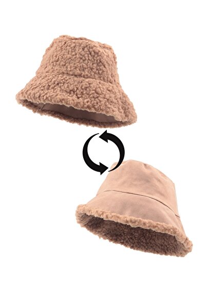 Kapin İçi Peluş Süet Kumaş Bucket Şapka Çift Taraflı - Camel