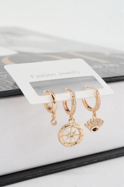 By Zeyna Aksesuar أقراط Vip Series حجر الزركون للسيدات مكونة من 3 قطع