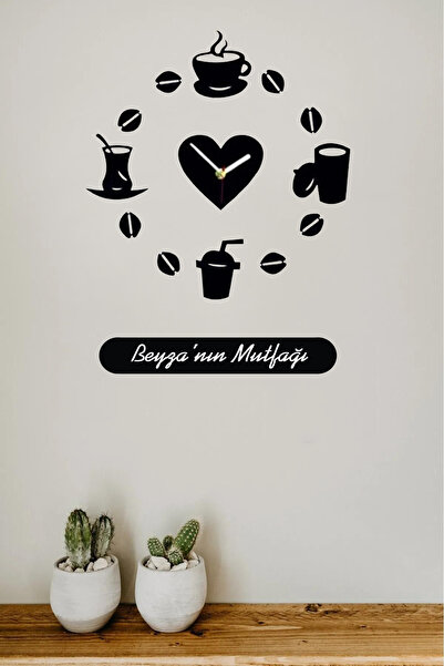 Ensa Design Kalpli Ve Aksesuarlı Isme Özel Mutfak Duvar Saati 50x50cm