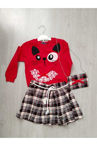 Bella Rose Ekose Etekli Kedili Kız Çocuk Takım