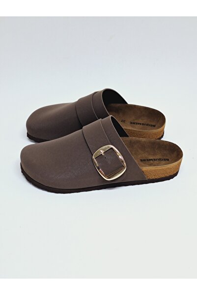 Bequemere Gold Color Buckle Closed Toe Nude Brown Scarf Daily Use Orthopedic Women's Slippers