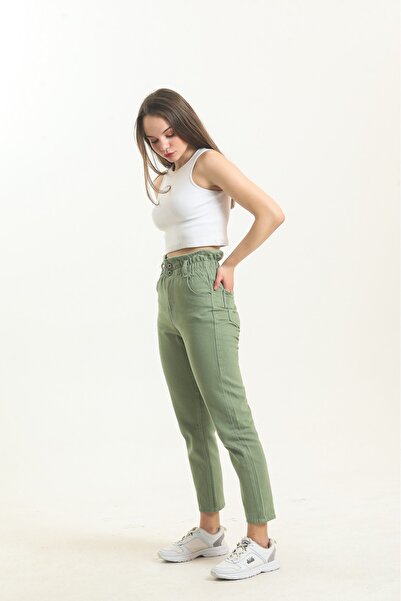 SHEVEGA Green Elastic Waist Mom Jean Jeans