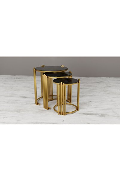 Lion Piano Model 3lü Zigon Sehpa Gold Metal Sehpa Siyah Cam