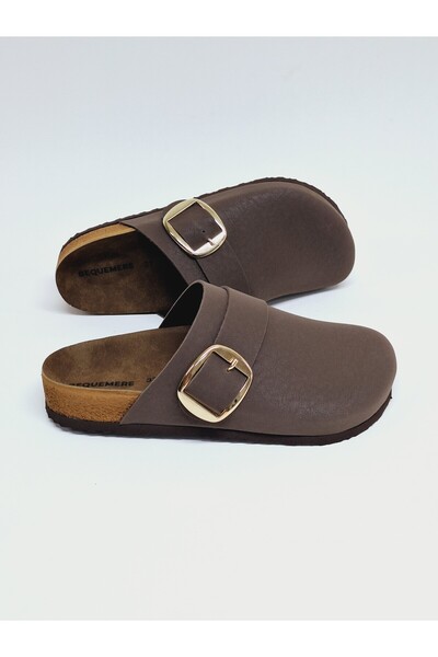 Bequemere Gold Color Buckle Closed Toe Nude Brown Scarf Daily Use Orthopedic Women's Slippers