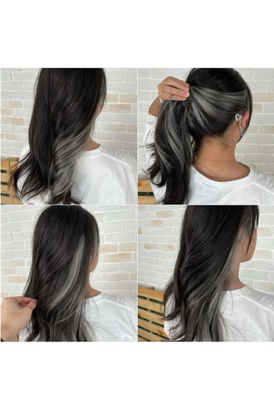 MutluBiDünya Gri Renk Çıt Çıtlı Saç Postişi Tak Çıkar Saç 50 Cm