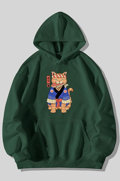Harmandar Φούτερ με κουκούλα με κουκούλα Anime Cat Printed Unisex Green Kangaroo Pocket Hoodie