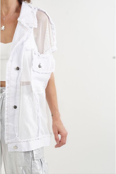 Zelish My Sister White Mesh Detailed Denim Vest