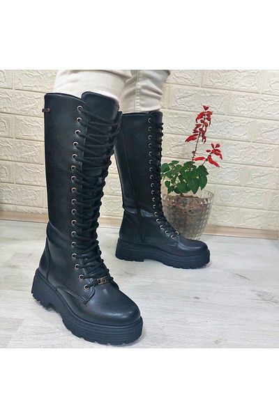 Pierre Cardin 52444 Black Zippered Lace Up 41cm Boots