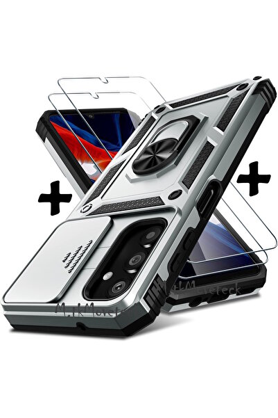 m.tk moveteck Samsung Galaxy S21 Fe Kılıf Kamera Korumalı Sürgülü Yüzüklü Armor Military Zırh Tank Standlı +9h Cam