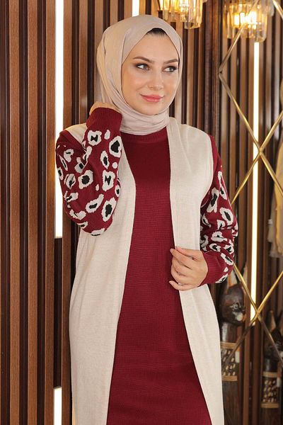 Modamihram Rochie din tricot cu modele, cu mâneci bordeaux