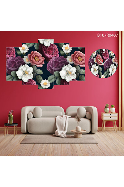 A2ZTR Parçalı Ahşap Duvar Tablo 5 Parça Set Ve saatli