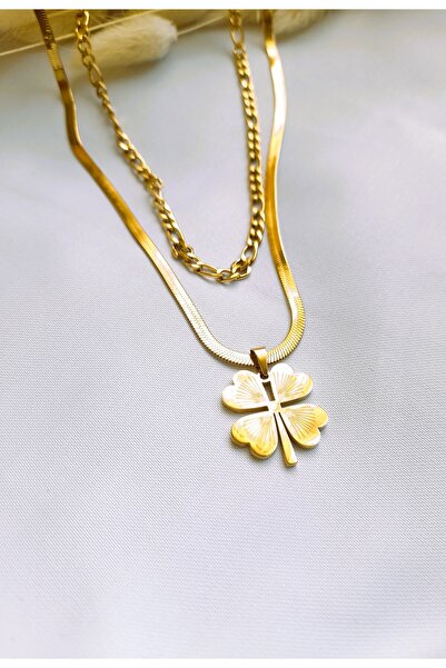 nilüfer takı tasarım Çelik Yonca Kolye 2 li İtalyan Zincir Model Çelik Kolye