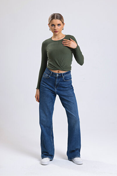 ladyzey πράσινη γυναικεία μακρυμάνικη μπλούζα με λαιμόκοψη μπροστά