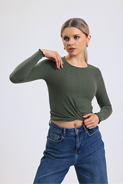 ladyzey πράσινη γυναικεία μακρυμάνικη μπλούζα με λαιμόκοψη μπροστά