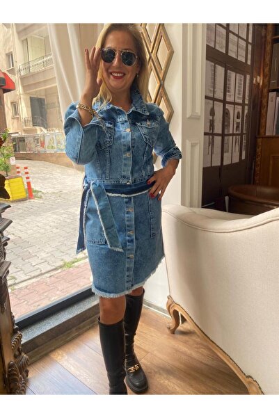 AlyaTeks MİNİ UZUN KOL JEAN ELBİSE