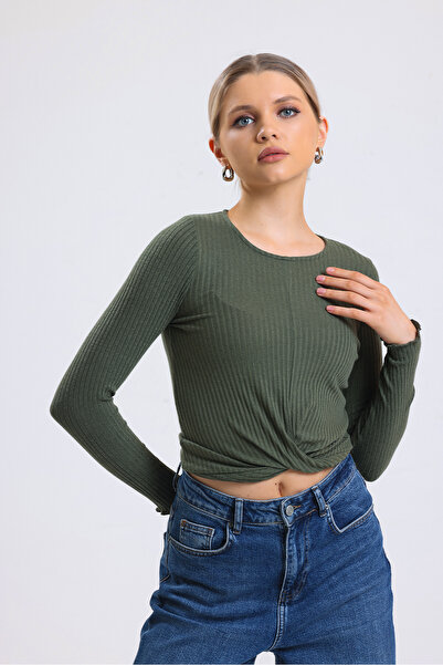 ladyzey πράσινη γυναικεία μακρυμάνικη μπλούζα με λαιμόκοψη μπροστά