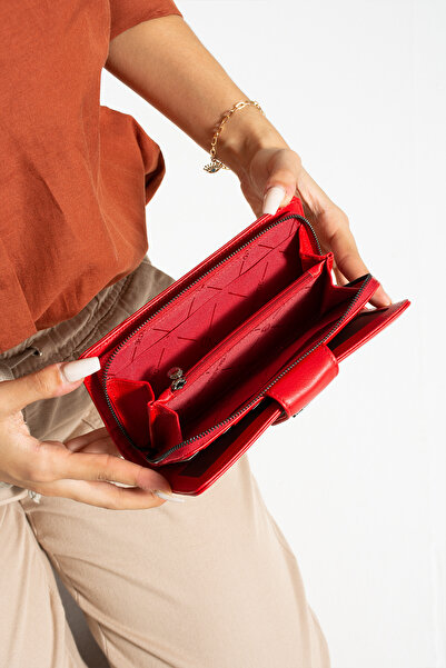 Grande 2723 Genuine Leather Women's Card Holder, Paper & Coin Compartment Model Stylish Card Holder Wallet RED