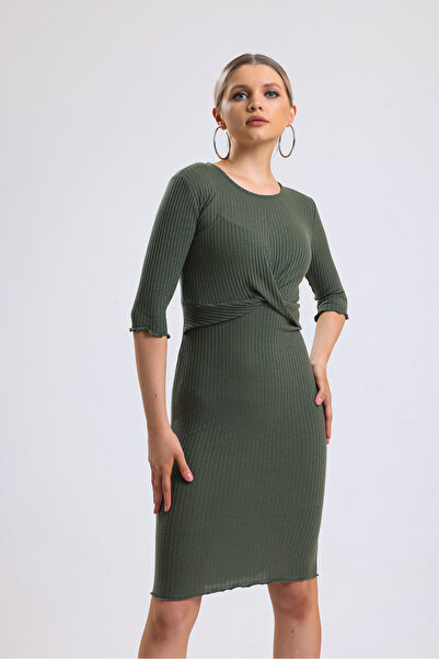 ladyzey γυναικείο πράσινο φόρεμα με λαιμόκοψη μπροστινό με κόμπους μίντι καμιζόλα