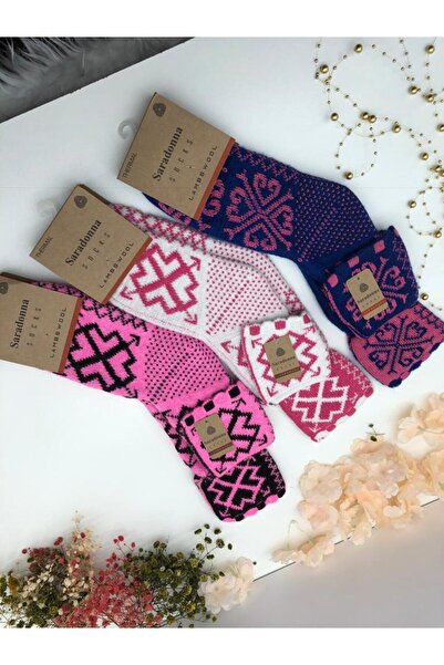 Momslab Дамски термо чорапи от агнешка вълна, ръчно плетени, с етнически десе...