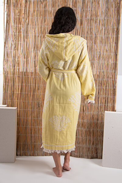 Makro Trend 1 Piece Coral Patterned Jacquard Cotton Bathrobe Peshtemal - Unisex Beachwear Kimono Kaftan, New Generation